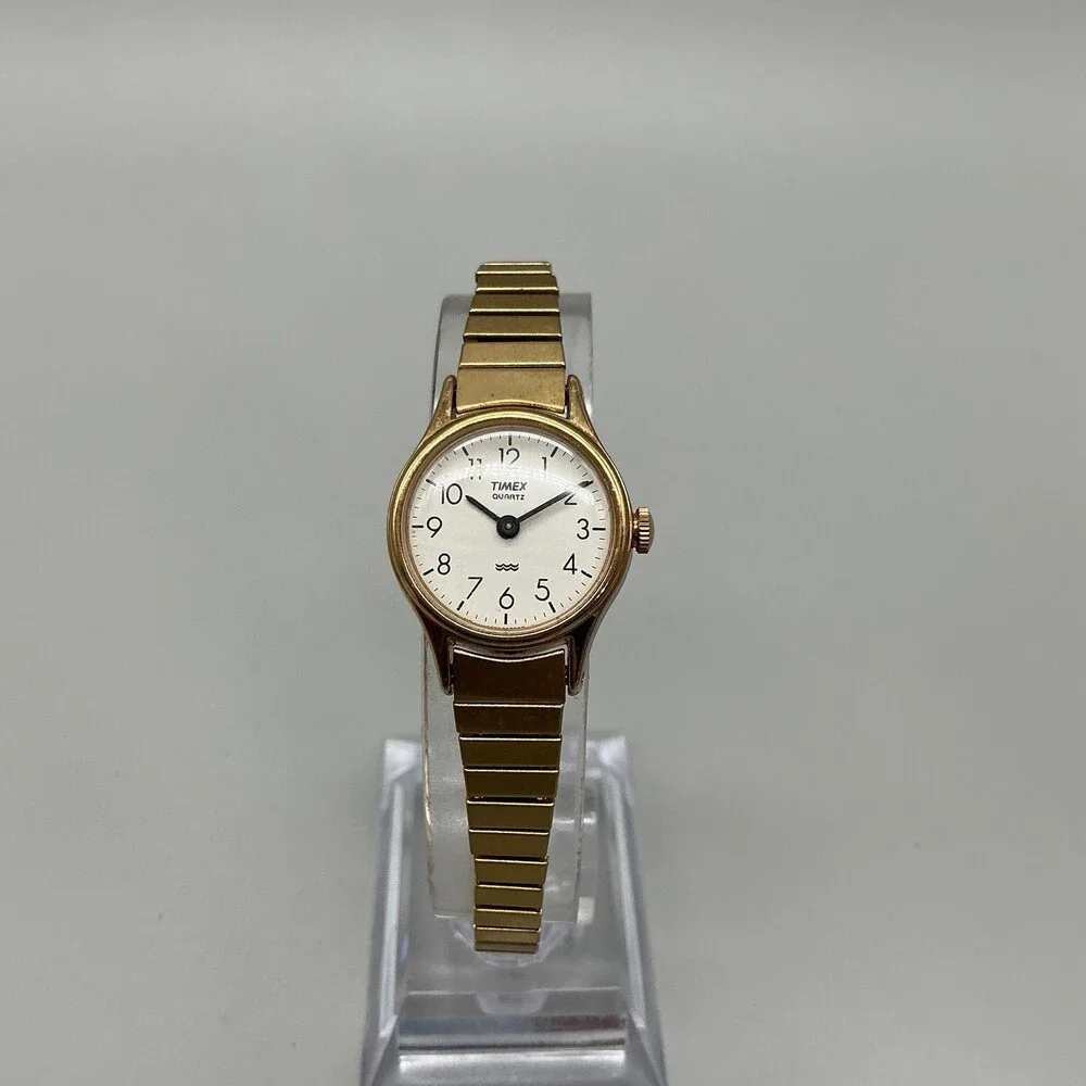 Vintage Timex Womens Watch 21mm White Round Dial Gold Tone Expansion Band